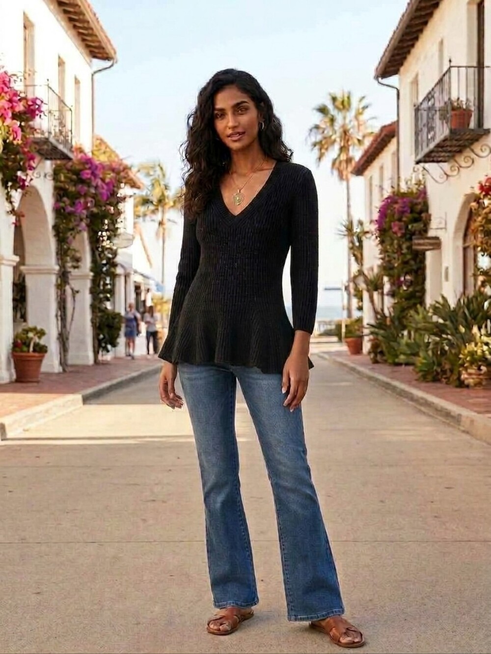 Banana Republic Black Ribbed Knit V Neck Fluted Hem Cotton Cashmere Sweater M